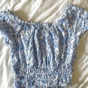 Blue and White Puff Sleeve Smocked Blouse